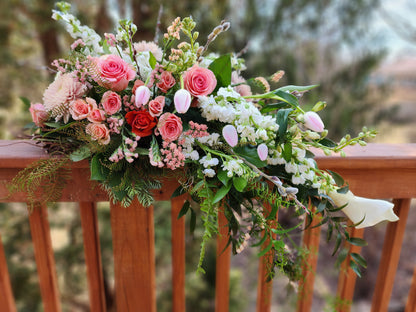 3 foot casket spray with pinks and whites