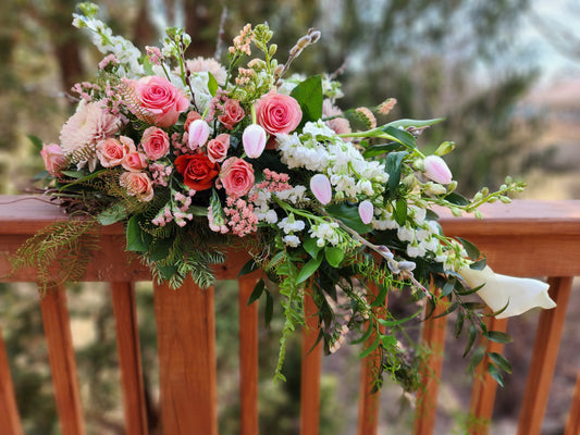 3 foot casket spray with pinks and whites